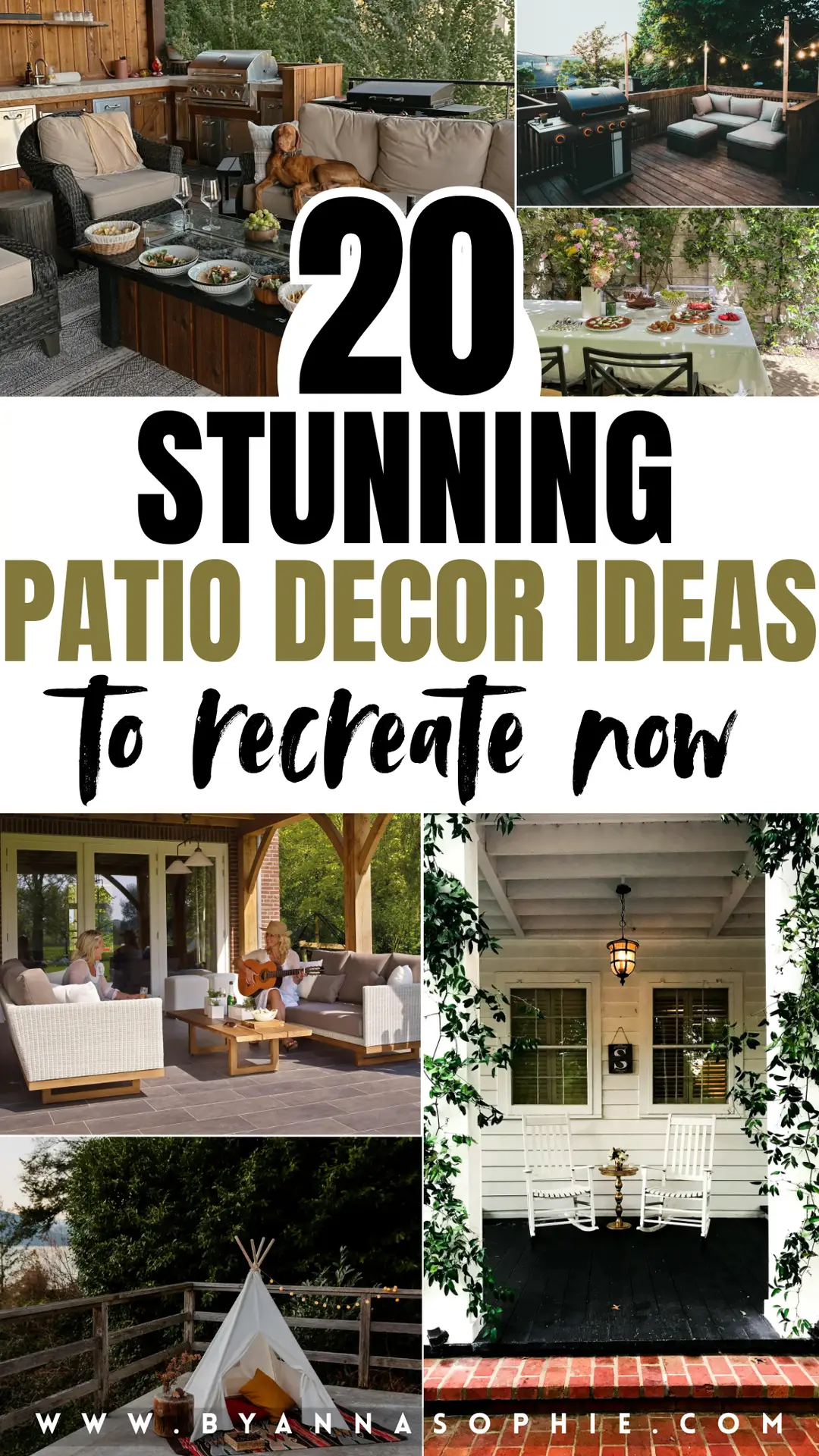 Pinterest pin featuring patio decor ideas presented in a collage of inviting outdoor spaces, including cozy lounge seating with cushions, a wooden patio with a grill and ambient string lights, an elegant outdoor dining table surrounded by greenery, a covered porch with comfortable sofas, a charming front porch with rocking chairs, and a relaxed outdoor setup designed for entertaining and everyday living.