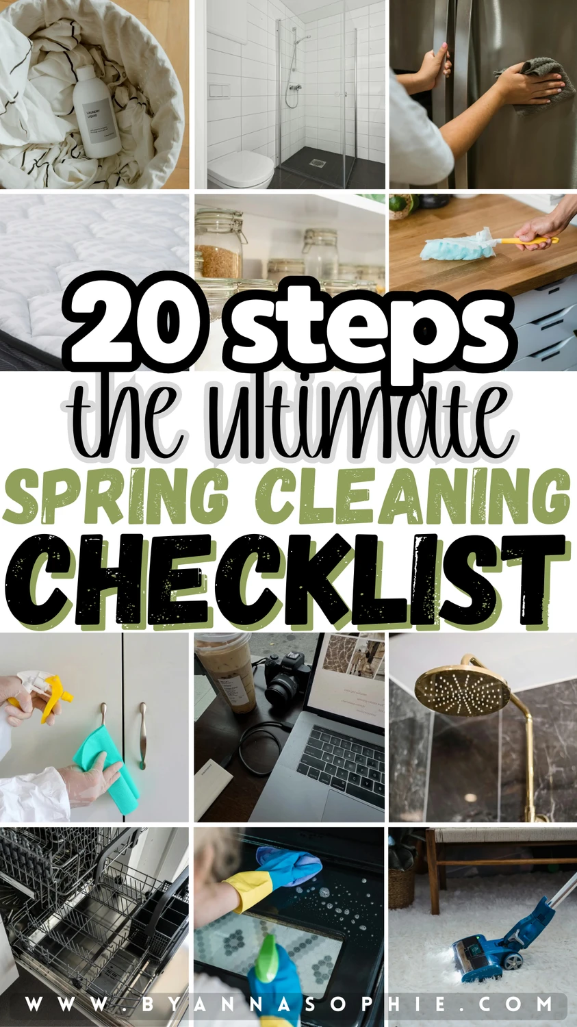 Pinterest pin featuring a collage that illustrates a spring cleaning checklist, showing various household tasks such as washing bedding, cleaning the shower and refrigerator, wiping kitchen surfaces, organizing pantry jars, digital cleaning on a laptop, descaling a shower head, cleaning the dishwasher, and vacuuming floors, all arranged around bold text highlighting a 20-step cleaning guide.