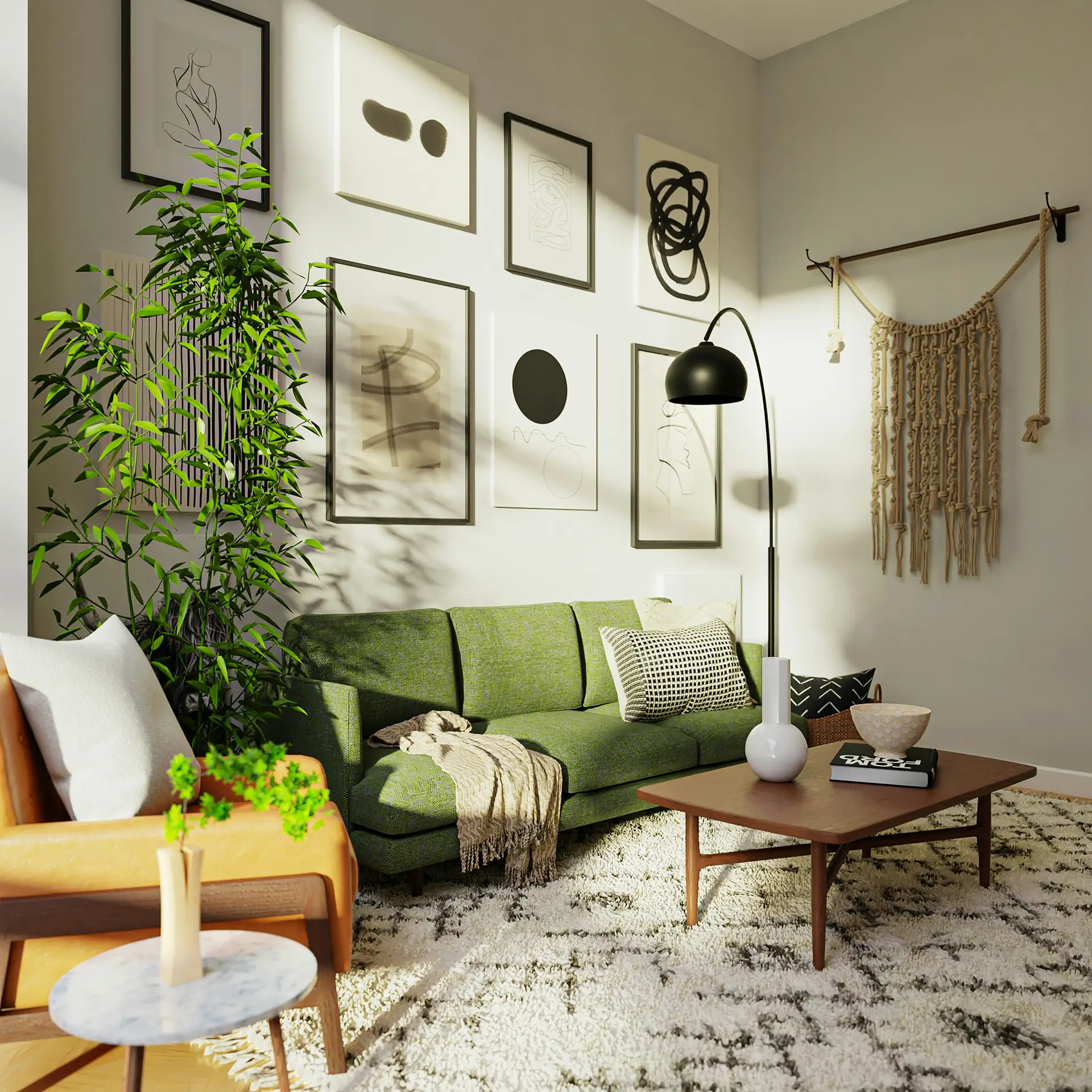 Cozy spring decor ideas for living room showcasing a green sofa styled with textured cushions and a throw, surrounded by indoor plants, a patterned rug, a wooden coffee table, a floor lamp, and a gallery wall featuring an art print with soft tones that adds a calm, modern feel to the space.