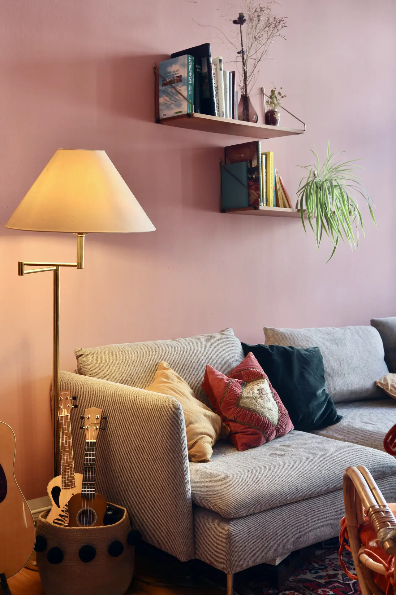A cozy interior styled around living room paint color ideas featuring antique rosé walls, with a soft gray sofa layered with mixed throw pillows, a brass floor lamp casting warm light, floating shelves holding books and small plants, a trailing houseplant for a natural touch, and musical instruments resting nearby to create a relaxed, lived-in atmosphere.