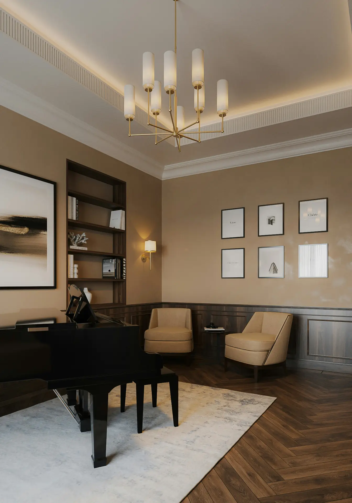 A refined interior inspired by living room paint color ideas, featuring warm caramel walls combined with dark wood paneling, a black grand piano, two upholstered lounge chairs, framed artwork, built-in shelving, and a statement chandelier that adds depth and elegance to the room while remaining adaptable to different decor styles.