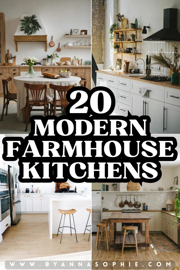 Pinterest pin showcasing modern farmhouse kitchens, featuring a collage of bright and cozy kitchen interiors with wooden dining tables, white and neutral cabinetry, open shelving, kitchen islands, black and brass accents, and warm natural textures, all styled to highlight a timeless farmhouse-inspired look.