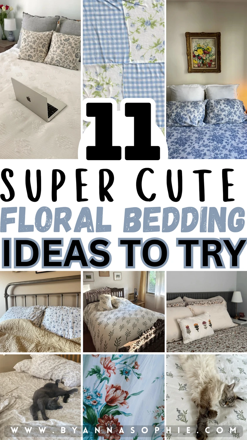 A collage of nine images showcasing various floral bedding styles, featuring patterns like blue gingham, vintage botanicals, and delicate wildflowers, with the text 