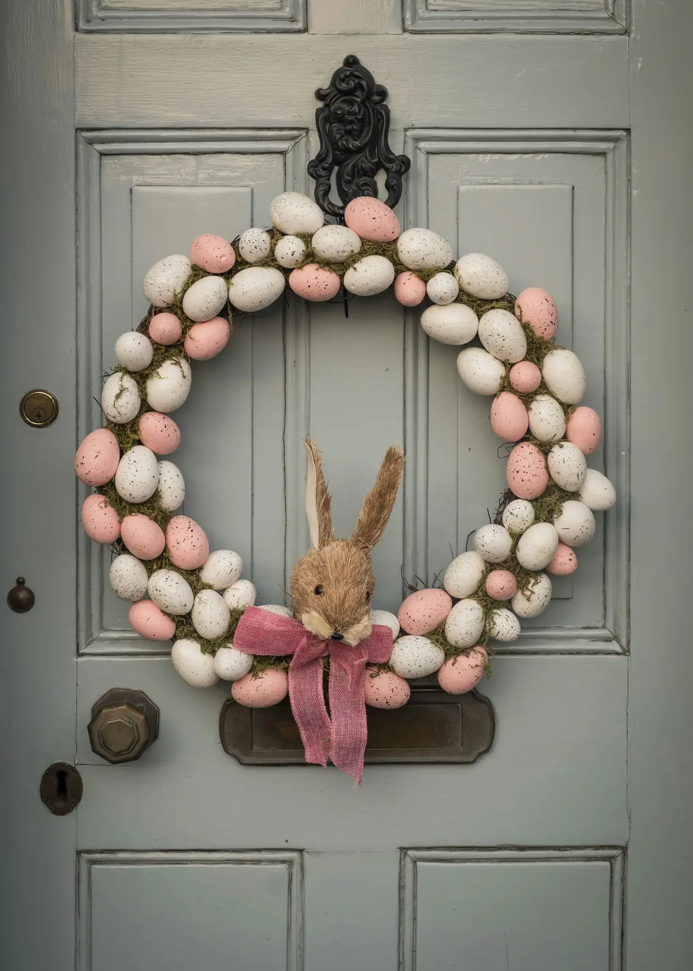 A charming spring door wreath made of speckled pink and white eggs nestled in green moss hangs on a light grey vintage door. At the bottom of the easter egg wreath with bunny, a small sisal rabbit head with a pink burlap bow adds a festive touch to the seasonal decor.