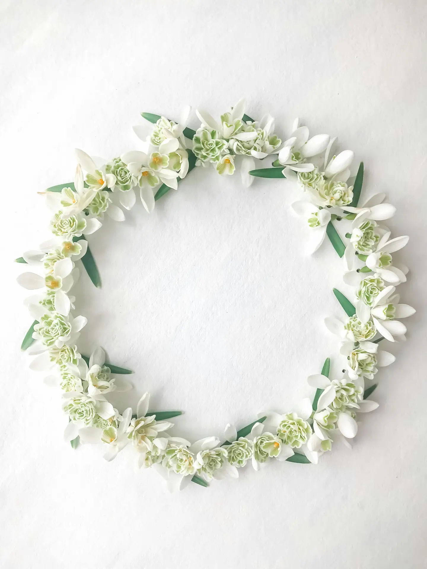 A delicate white snowdrop wreath composed of fresh snowdrops and small green blossoms arranged in a perfect circle. The minimalist floral arrangement lies against a clean white background, offering a serene and elegant inspiration for a spring door wreath.