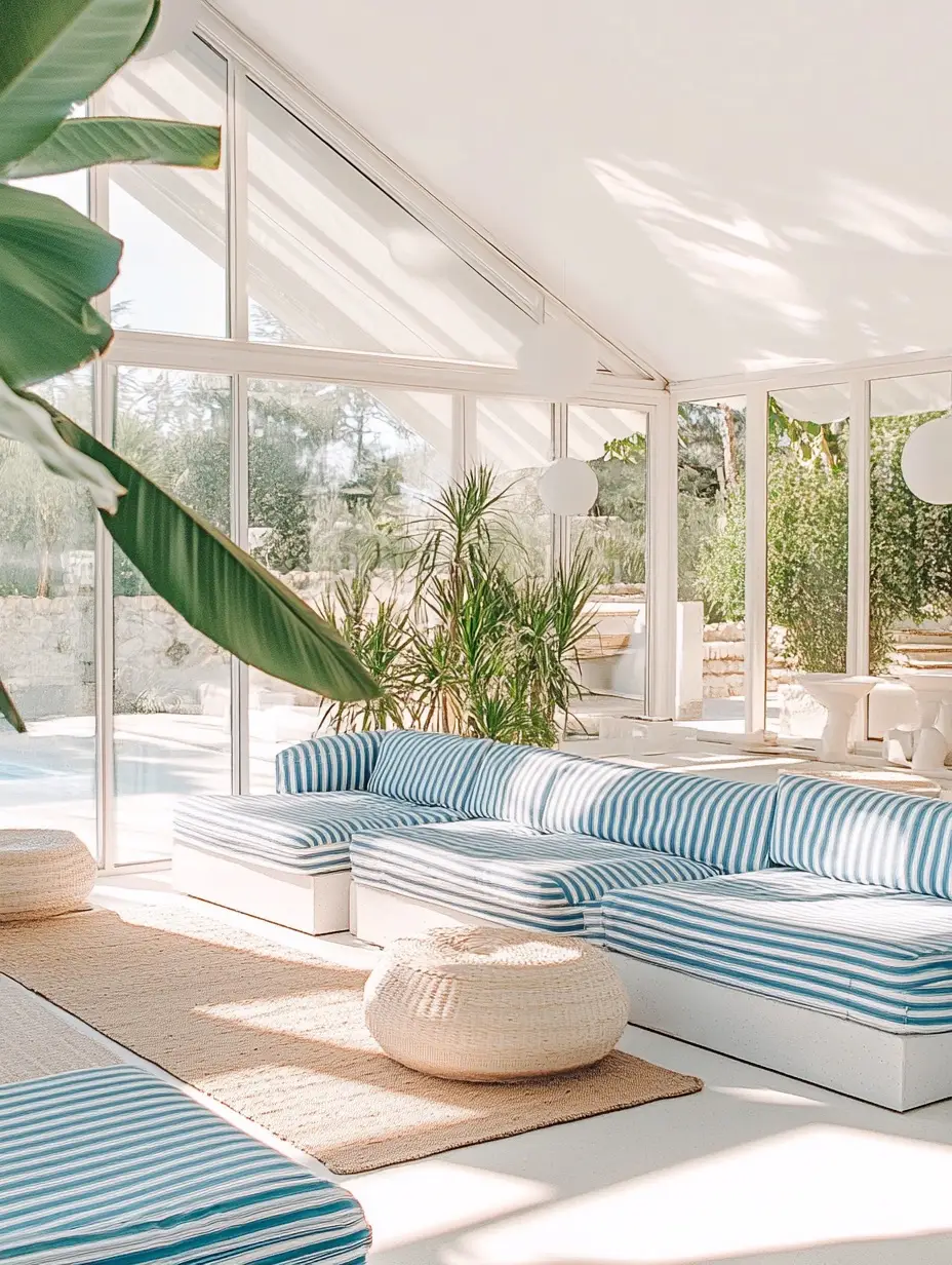 A bright and airy space showcasing relaxing sun room ideas with large floor-to-ceiling windows and a white sloped ceiling. The interior channels a coastal and vacation atmosphere, featuring a low-profile modular sofa with blue and white striped cushions, a natural jute rug, and round woven poufs. Large green tropical plants add a lush touch, while natural sunlight streams in, illuminating the room and the view of an outdoor pool area.