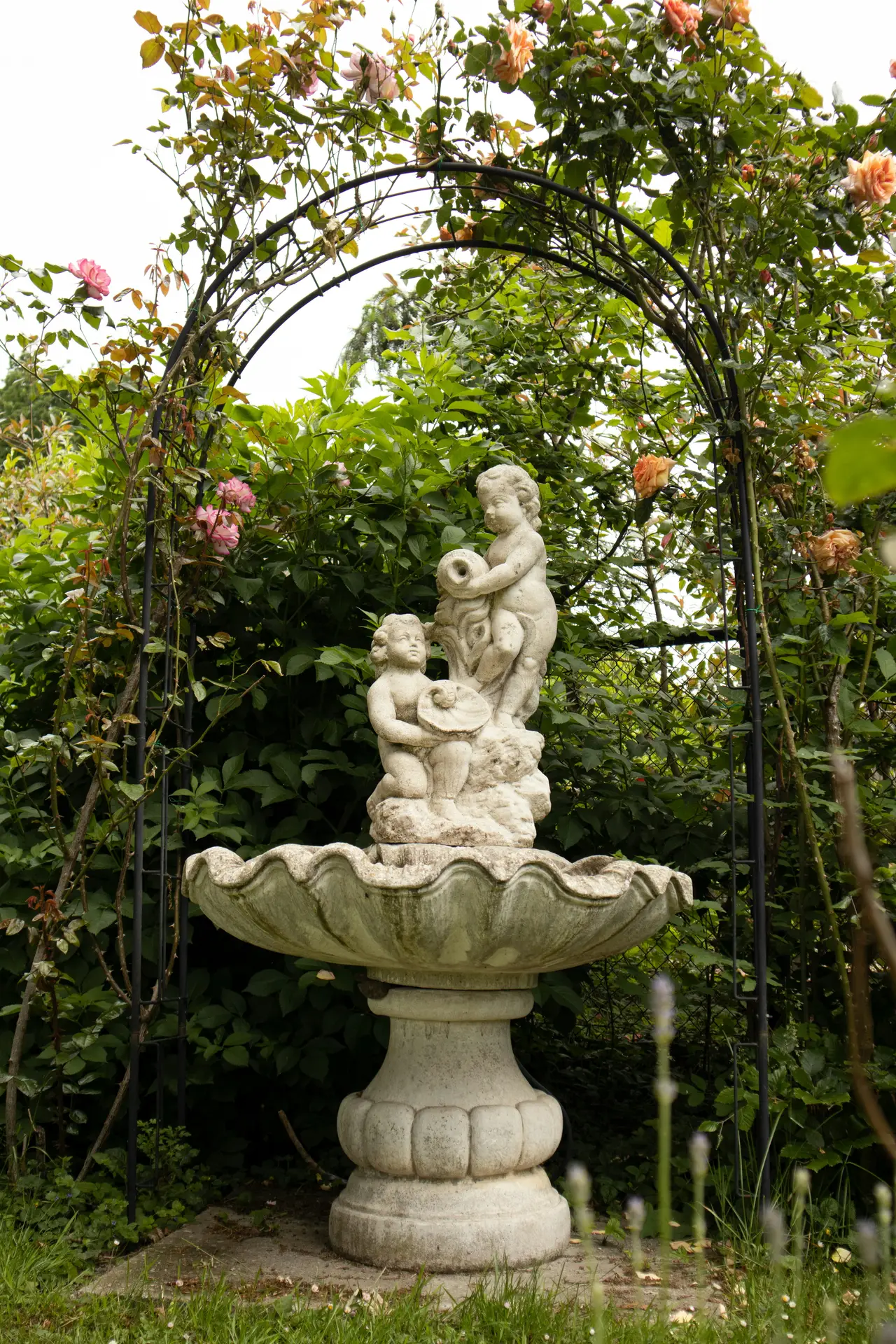 A centered photograph of vintage garden decor shows a stone vintage fountain with statues of two cherubs pouring water from an urn. It stands within a wrought-iron garden arch covered in lush greenery and blossoming pink and peach roses, situated on grass.