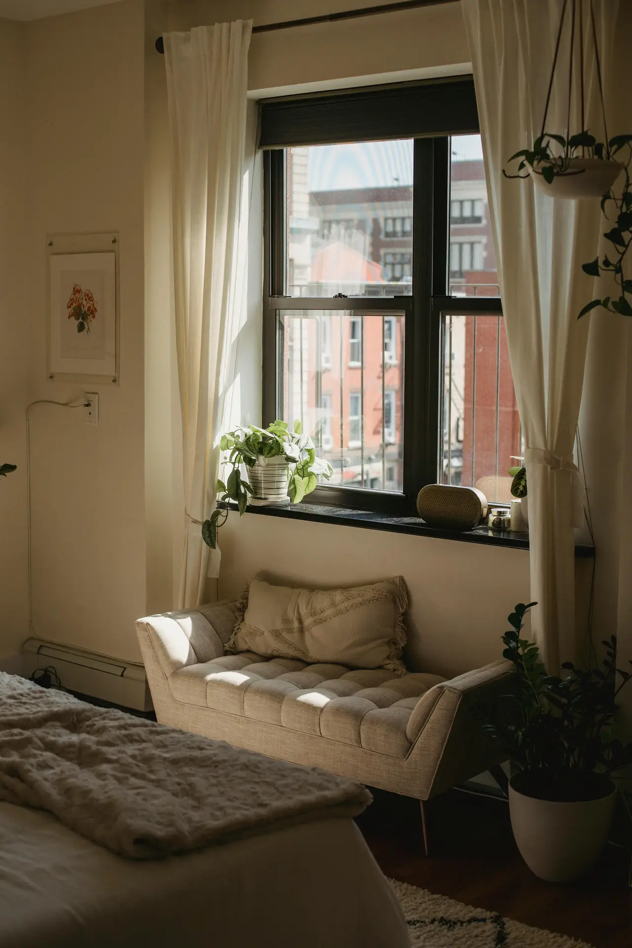 A cozy living area illustrating creative small apartment decorating ideas to maximize light and space. A simple wooden bench in front of window is laden with soft textiles, including a folded plaid blanket and decorative throw pillows, creating an inviting reading nook. Below the white-framed window with a small air conditioning unit, a round rattan basket sits next to a green glass vase on the dark wood floor. The room is decorated with a tall, leafy fiddle leaf fig tree in a cream pot and several framed botanical art prints arranged on the light green wall. A small, round white table with books and a candle is partially visible.