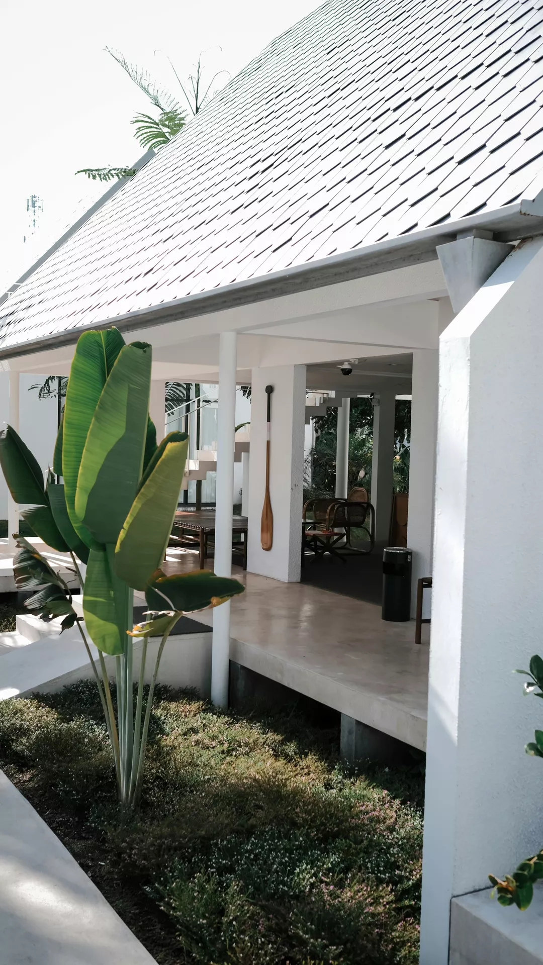 A bright, architecturally striking patio highlights sophisticated front porch decor ideas for summer with a clean and modern look. The house features a steeply pitched grey shingled roof and white minimalist columns that open onto a polished concrete walkway. Large, vibrant green banana leaves in the foreground add a tropical, natural element to the structured design. Inside the shaded veranda, minimalist furniture and a decorative wooden oar mounted on a white pillar create a contemporary, coastal-inspired retreat that blends indoor comfort with outdoor tropical scenery.
