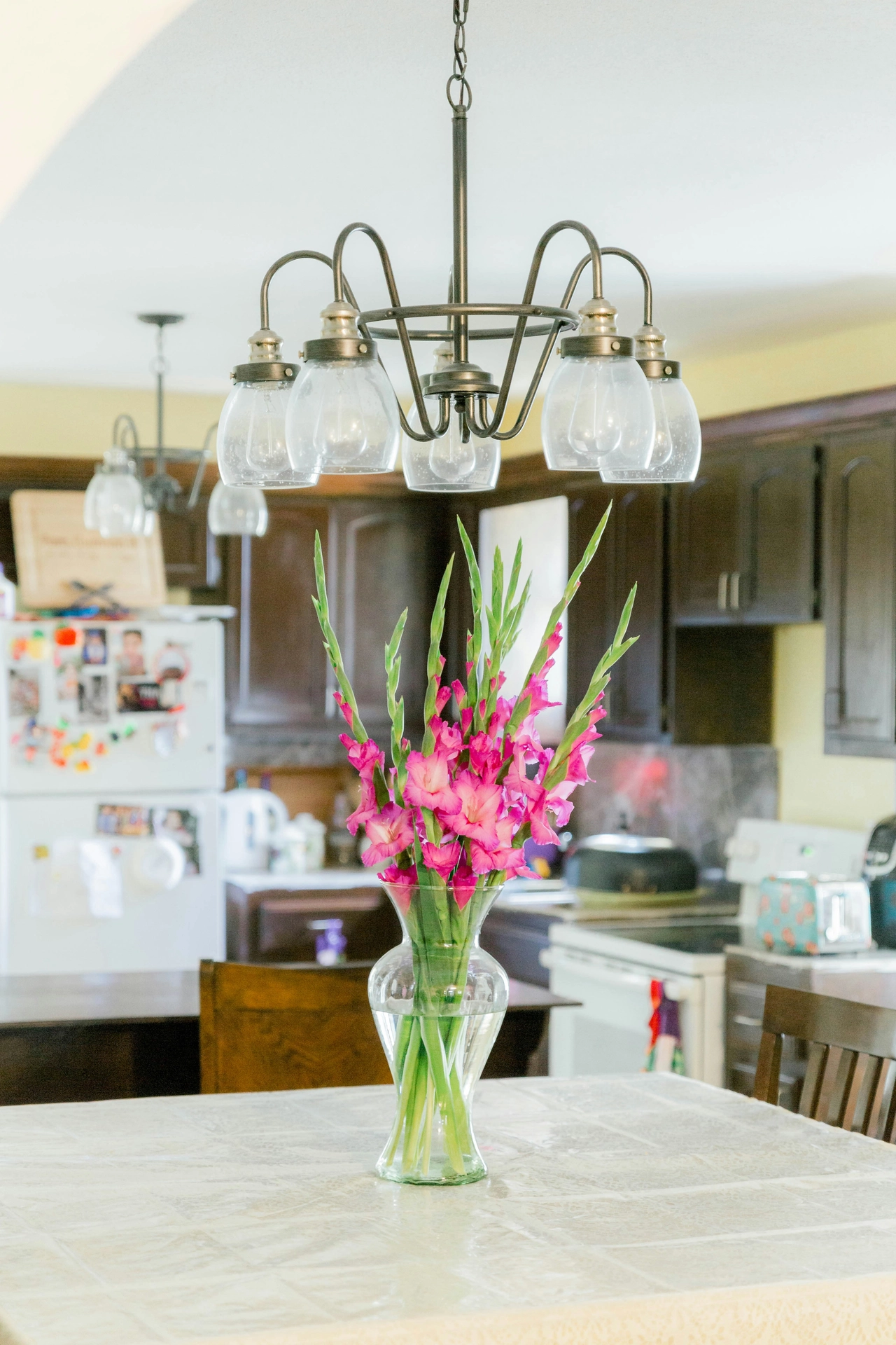 A bright indoor setting illustrates simple kitchen table decor ideas for summer featuring a striking floral arrangement. In the center of a tiled kitchen table stands a clear hourglass-shaped glass vase filled with water and tall stems of vibrant pink gladioli, with their colorful blossoms opening upward toward green buds. Directly above the vase, a dark metal chandelier with glass shades hangs from the ceiling. In the blurred background, a home kitchen is visible, showing dark wood cabinets, a white refrigerator adorned with magnets, and a white stove, creating a cozy and welcoming everyday atmosphere.