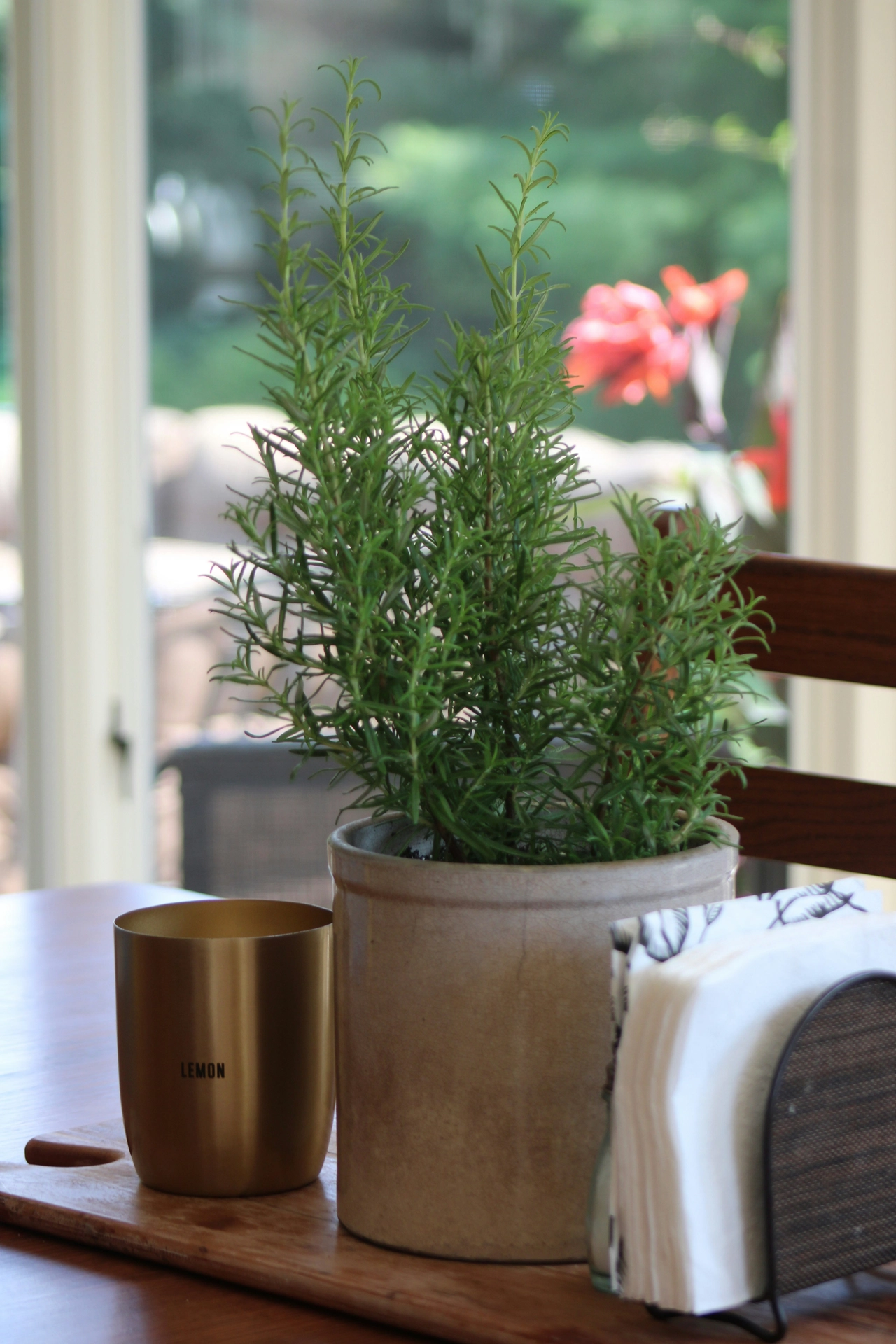 A practical and fresh arrangement highlights organic kitchen table decor ideas for summer set on a wooden dining surface. A rustic, beige ceramic crock functions as a planter for vibrant potted herbs, displaying a lush, tall rosemary plant with dense green needles. The crock is arranged on a wooden cutting board alongside a matte gold cup labeled 