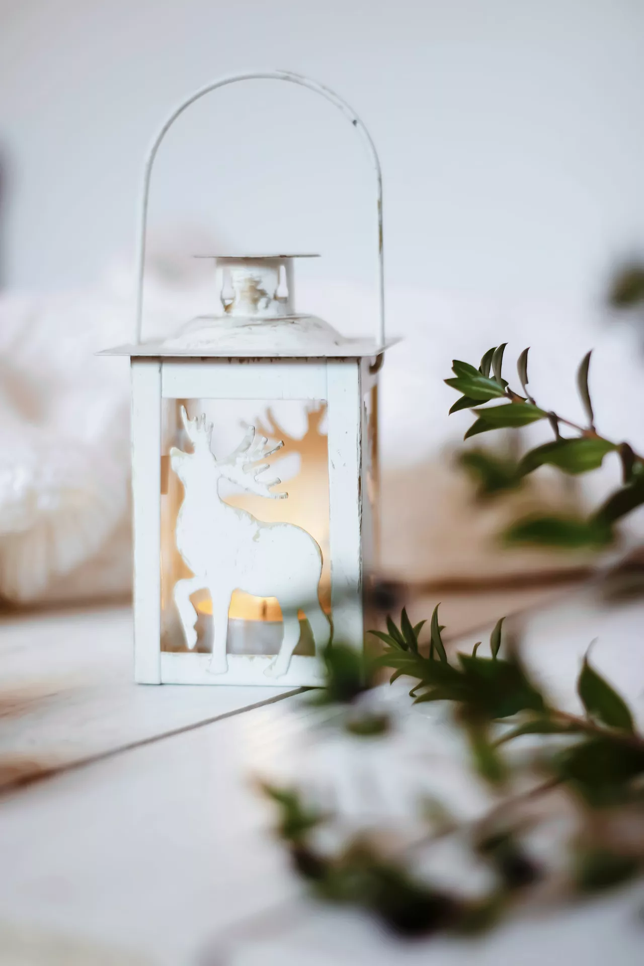 A cozy indoor setup highlights charming lantern summer decor ideas arranged on a white wooden surface. The focus is a small white lantern with integrated motif, featuring a cutout silhouette of a stag deer with large antlers. Inside the lantern, a lit candle glows with a soft, warm light that illuminates the background. A delicate green leafy branch lies out of focus in the foreground, while a soft white textured blanket rests in the blurred background, creating a bright and peaceful decorative atmosphere.
