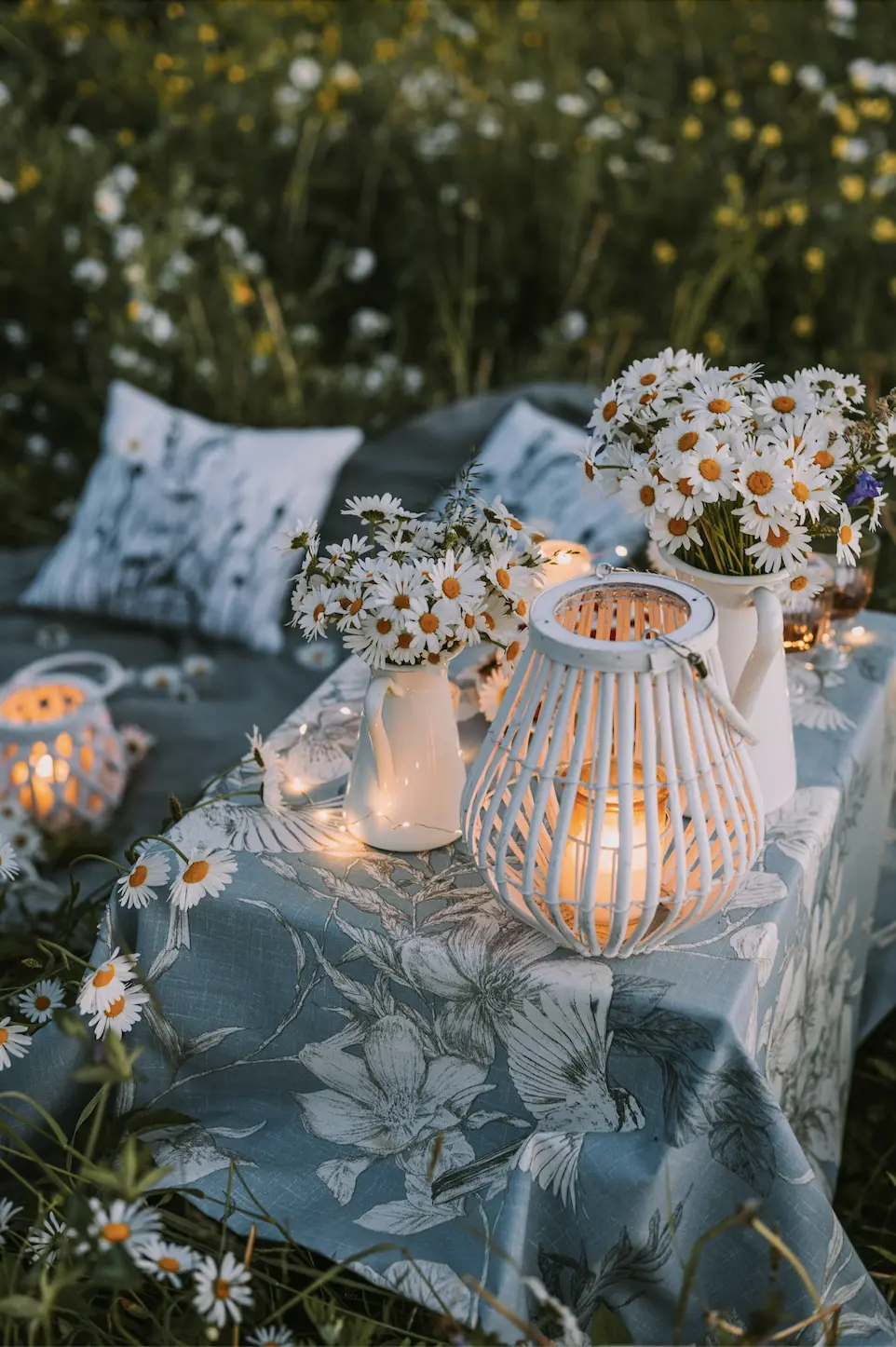 An idyllic outdoor picnic setup beautifully illustrates dreamy lantern summer decor ideas arranged in a lush daisy field. The center of attention is a white lantern with candles and flowers setting on a table covered in a grey and white floral patterned tablecloth. A woven white lantern containing a glowing orange candle sits alongside two white pitchers overflowing with fresh white daisies. Delicate fairy lights trail across the table, adding a magical glow to the scene. In the background, comfortable patterned pillows rest on a blanket, surrounded by wild daisies under the soft, dusky evening light.