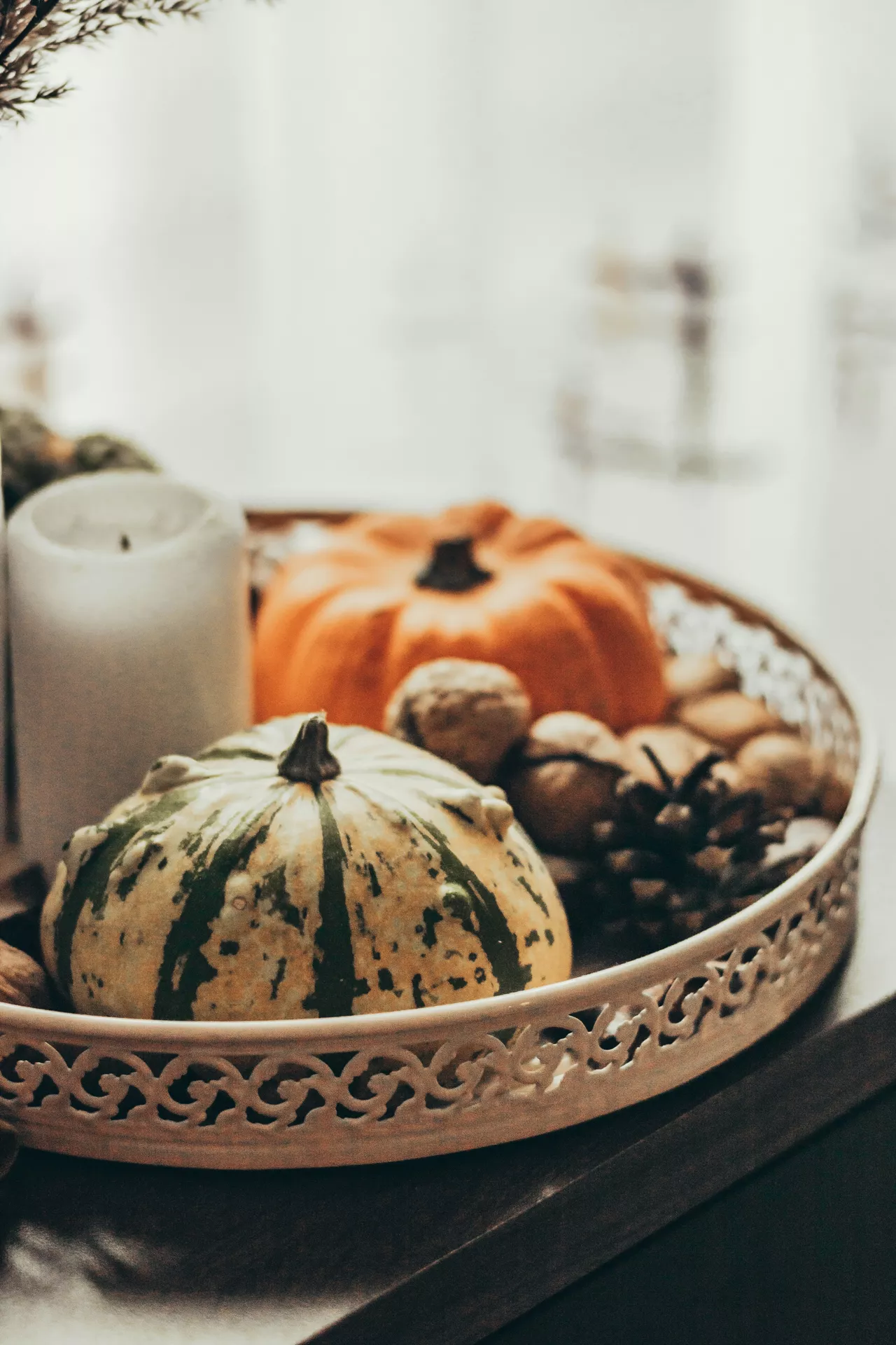 Fall tray decor ideas featuring Different Pumpkins, Candles, Nuts & Pine Cones beautifully arranged in an ornate decorative tray, creating a cozy autumn vignette with natural textures, soft candlelight, and seasonal harvest accents.