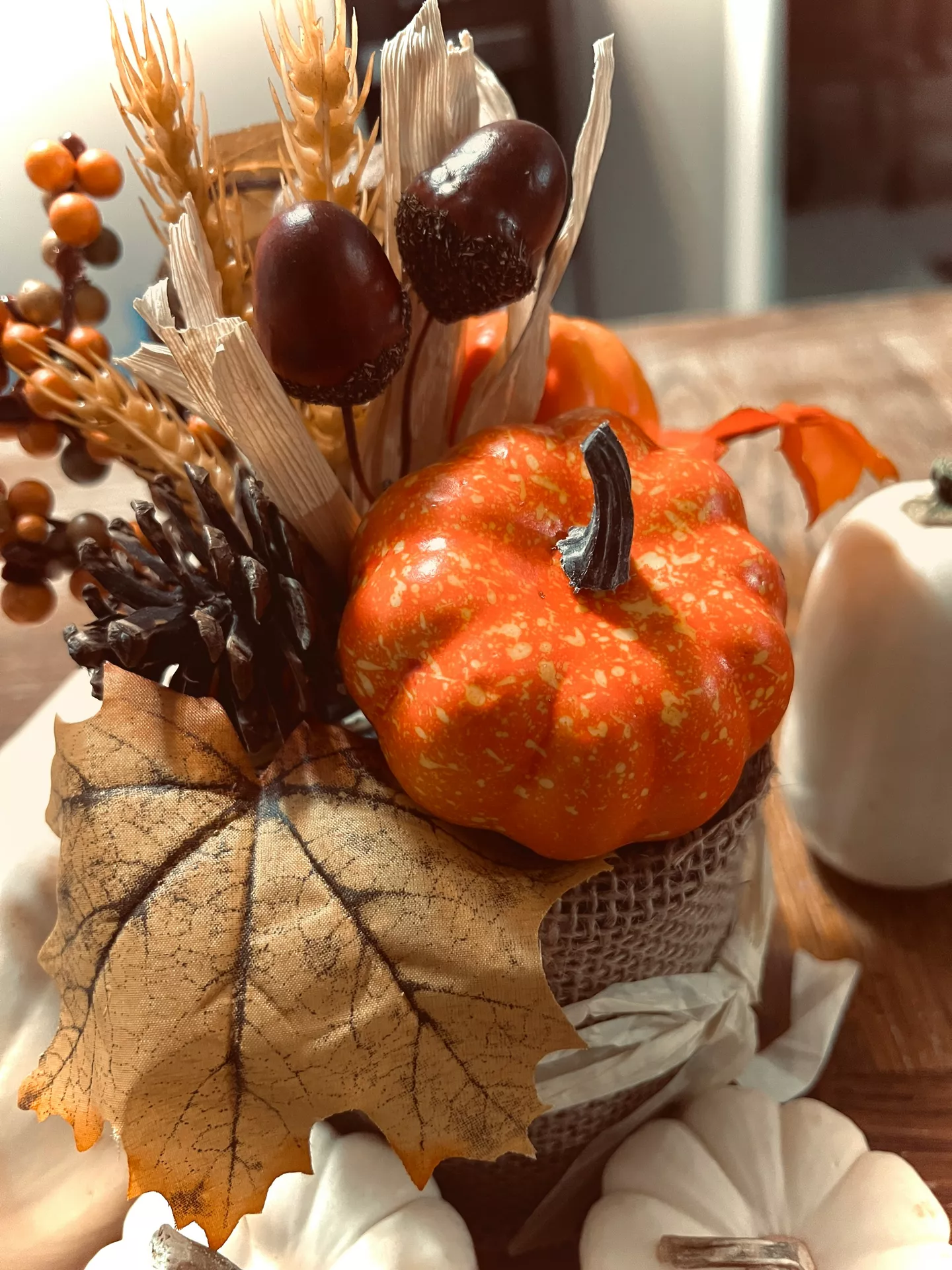 Fall tray decor ideas featuring Orange Faux Pumpkin, Acorns, Pine Cones, Maple Leaves & Berries arranged in a rustic autumn centerpiece with dried wheat, white decorative pumpkins, and natural textures that create a warm and inviting seasonal display.