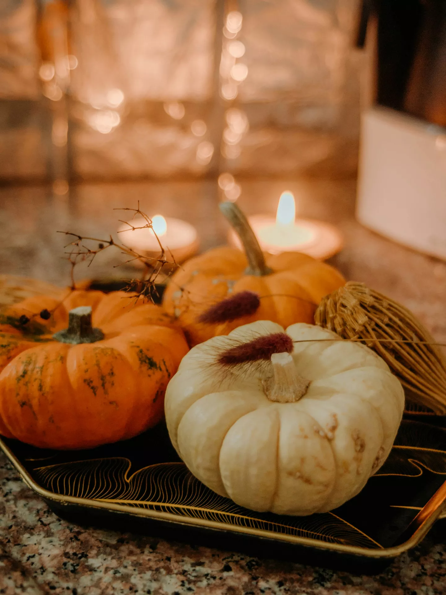 Fall tray decor ideas featuring Pumpkins, Tea Lights & Dried Florals arranged on a decorative tray with orange and white mini pumpkins, glowing tea lights, delicate dried botanical accents, and warm autumn tones for a cozy seasonal centerpiece.