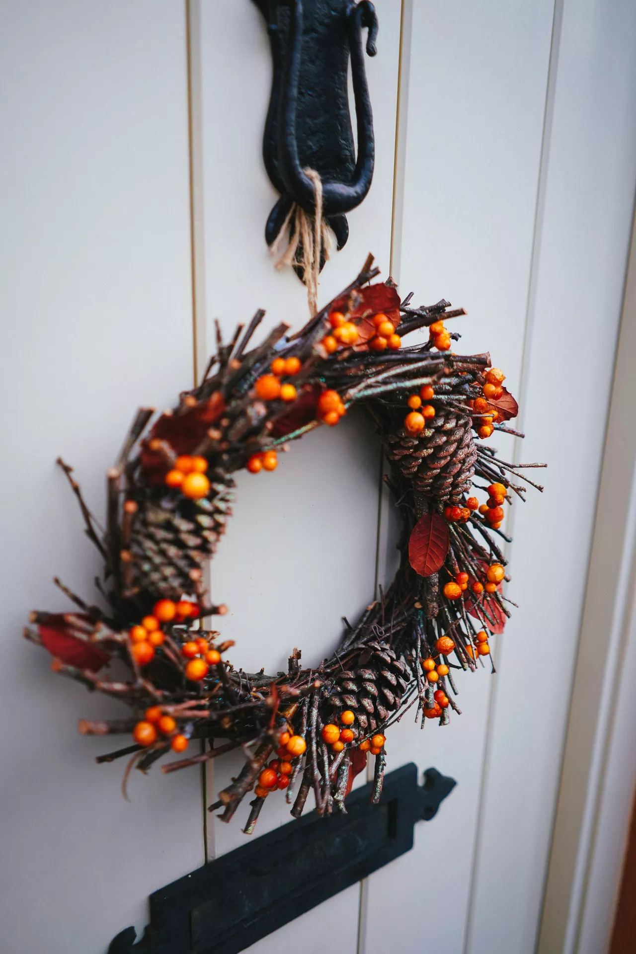 Fall decor wreaths made from natural twigs, berries and pine cones hang on a white front door, creating a warm and rustic autumn entrance with cozy seasonal charm.