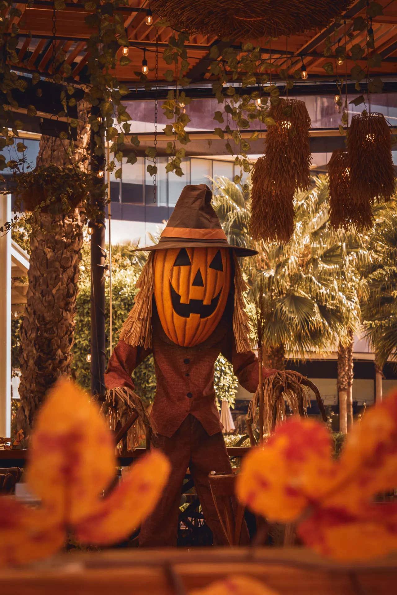 Halloween costume ideas featuring a spooky crow scarer dressed in rustic autumn clothing with a weathered hat and eerie scarecrow-inspired details for a creepy seasonal look.