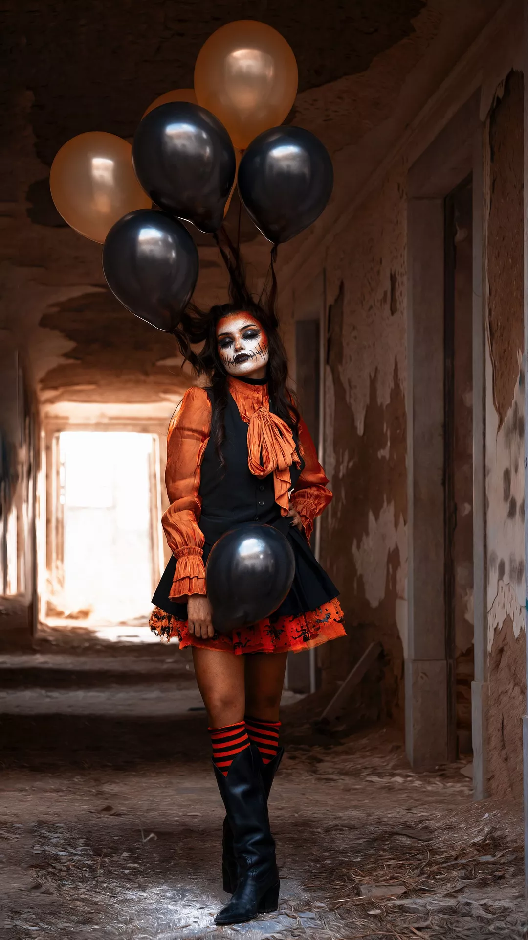 Halloween costume ideas featuring a spooky female clown in an orange and black outfit with dramatic skeleton-inspired face makeup, striped socks, black boots, and black and orange balloons.